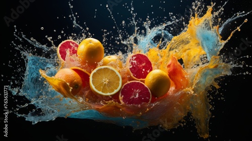 Vibrant pop art, orange fruit splash in water, dark background, banner