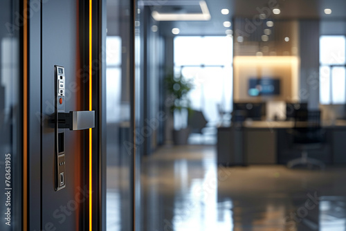 A sleek modern door ajar, with a digital keycard inserted into the keyhole, granting access to a futuristic workspace. photo