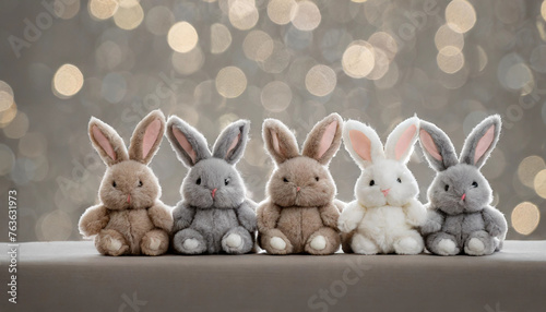 illustration de cinq lapins en peluche de couleur beige blanc et gris assis sur un fond gris avec des ronds en effet bokeh