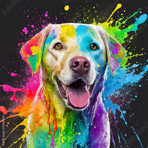 Rainbow paint splatter on labrador retriever