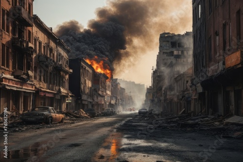 Apocalyptic view of city center with empty street and burning building destroyed by war © free