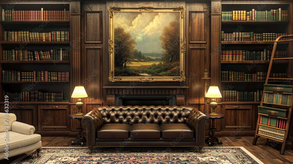 Obraz premium A traditional living room with a Chesterfield sofa, a mahogany bookcase filled with leather-bound books, and a Persian rug. An oil painting of a landscape hangs above the fireplace