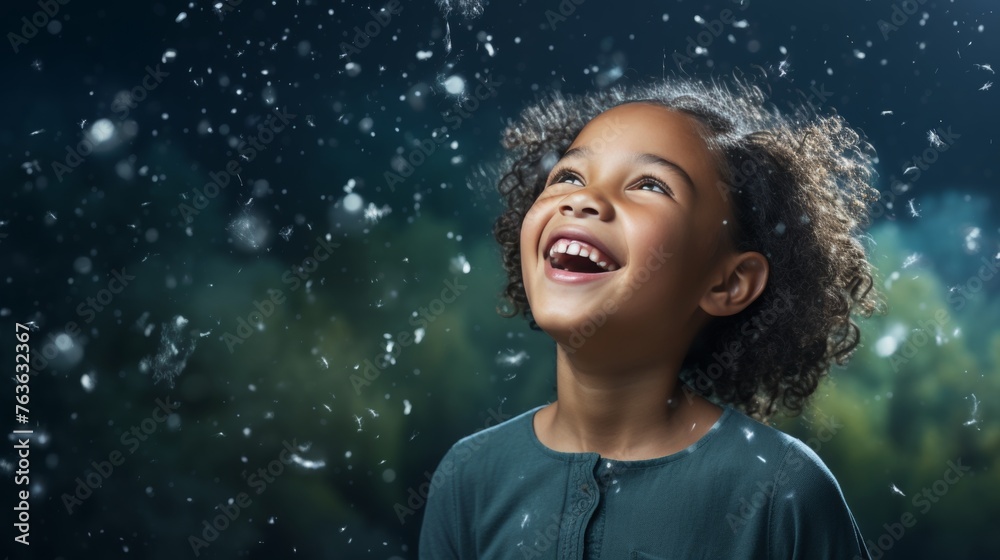 Happy little African girl admires flying snowflakes, blue background, hyperrealistic concept, banner, copy space