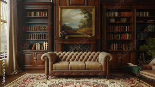 A traditional living room with a Chesterfield sofa, a mahogany bookcase filled with leather-bound books, and a Persian rug. An oil painting of a landscape hangs above the fireplace.  © Abdul