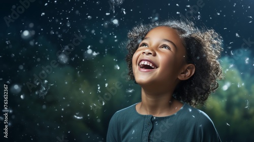 Happy little African girl admires flying snowflakes, blue background, hyperrealistic concept, banner, copy space © Anzhela