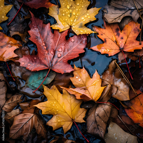 Colorful autumn leaves on a forest floor.