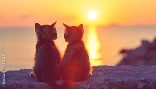 Two Kittens Sitting on a Grass Covered Field