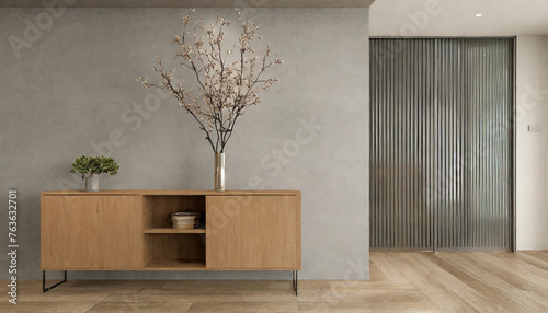 illustration d'une pièce d'une habitation représenté par un meuble en bois moderne avec ses bibelots posés dessus contre un mur de couleur gris photo