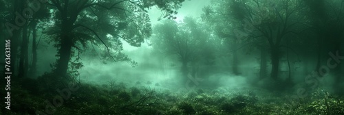 The edge of an eerily dark forest with creeping fog.