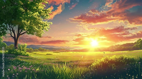 Sunrise over the tranquil grassy valley  Seamless looping 4k time-lapse virtual video animation background. Generated AI