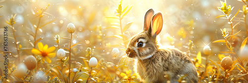 Cute fluffy rabbit sitting on spring field with flowers and grass. Happy Easter. Cottagecore. Background, card, banner with copy space