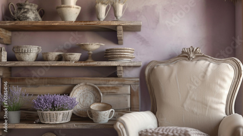French country kitchenette, with a lavender wall, antique cream armchair, and distressed wooden shelving displaying ceramic dishes and a basket of lavender.