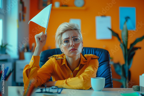 Burnt Out White Woman Waving White Flag at Work, Quiet Quitting or Retiring