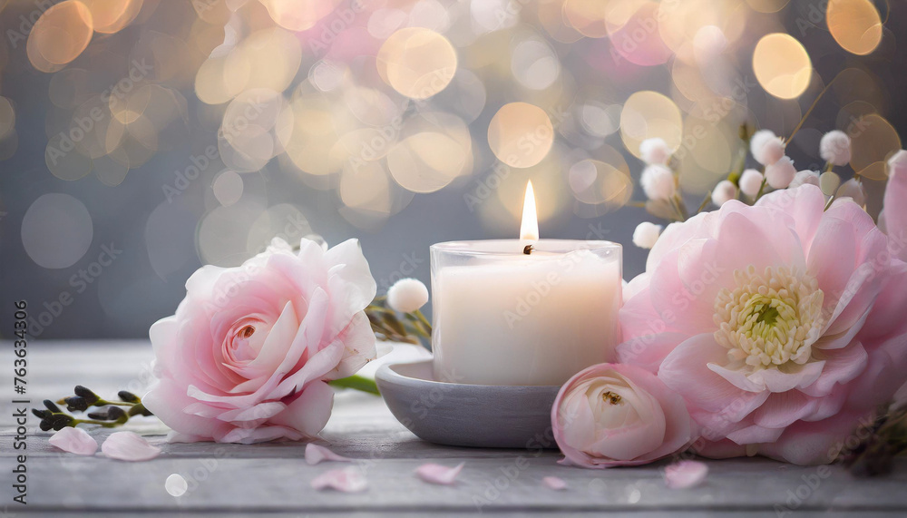 illustration d'une bougie blanche allumée et autour des fleurs rose, posée au sol sur un fond gris avec des ronds en effet bokeh illustration d'une bougie blanche allumée et autour des fleurs rose, posée au sol sur un fond gris avec des ronds en effet bokeh