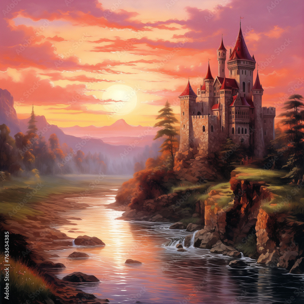 sunset over the castle - obrazy, fototapety, plakaty 