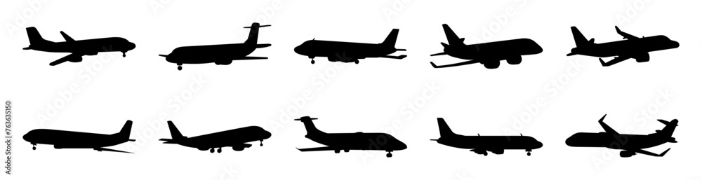 Plane silhouettes set, large pack of vector silhouette design, isolated white background. Plane silhouettes set, large pack of vector silhouette design, isolated white background.