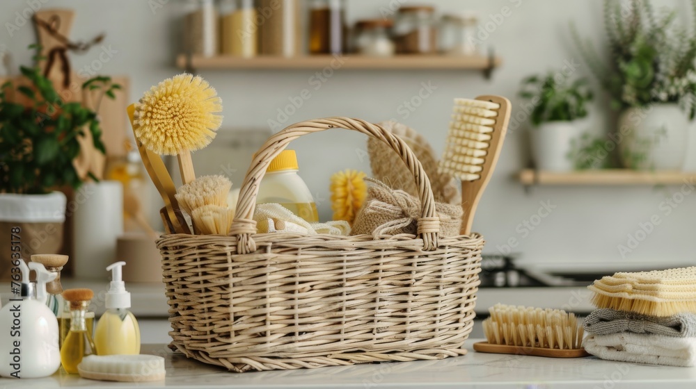 A basket filled with natural sponges, brushes, rags, and eco-friendly cleaning agents, set against a modern kitchen backdrop, aligning with the house cleaning concept