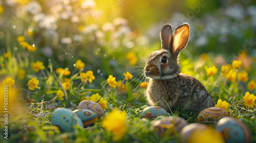 Cute Easter rabbit with decorated eggs and flowers on spring sunny landscape. Little bunny in the meadow. Happy Easter greeting card, banner, border 