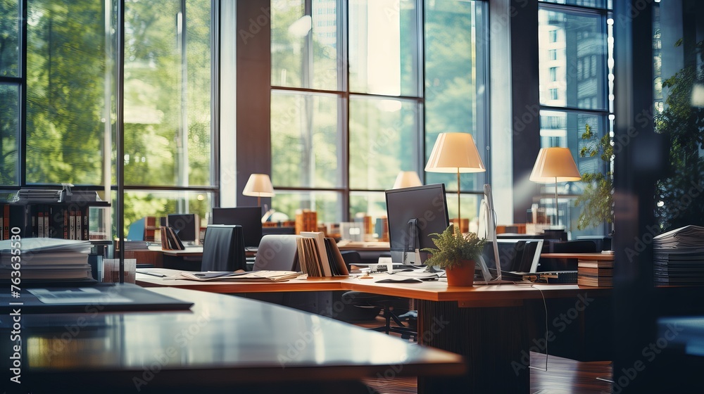 Professional workspace: blurred office background with panoramic view of modern interior design

