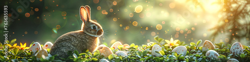 Cute Easter rabbit with decorated eggs and flowers on spring sunny landscape. Little bunny in the meadow. Happy Easter greeting card, banner, border 