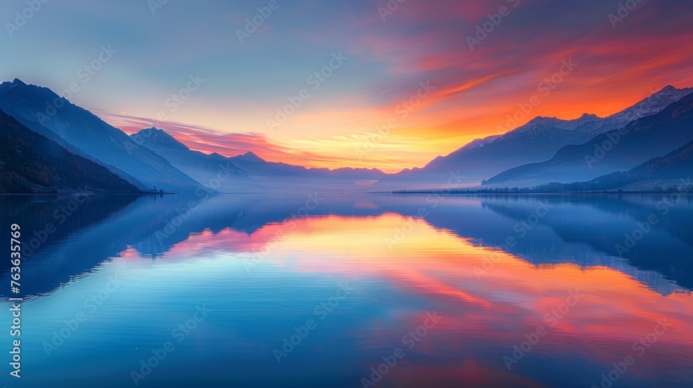 The sun sets behind mountain peaks, casting vibrant hues over a tranquil lake, creating a serene reflection on the water's surface.