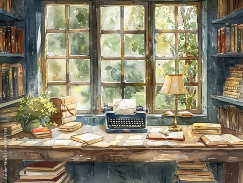 The nostalgic ambiance of a bygone era is captured in this quaint study, highlighted by a classic typewriter and the soft light of a window.