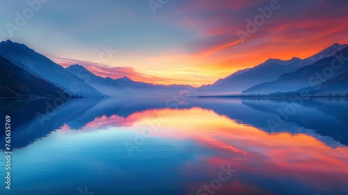 The sun sets behind mountain peaks  casting vibrant hues over a tranquil lake  creating a serene reflection on the water s surface.