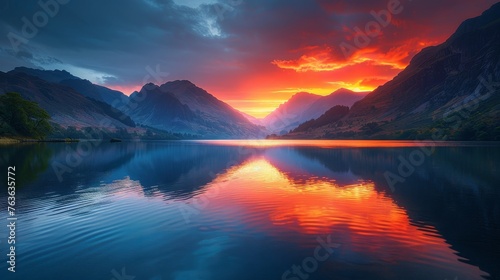The sun sets behind mountain peaks  casting vibrant hues over a tranquil lake  creating a serene reflection on the water s surface.