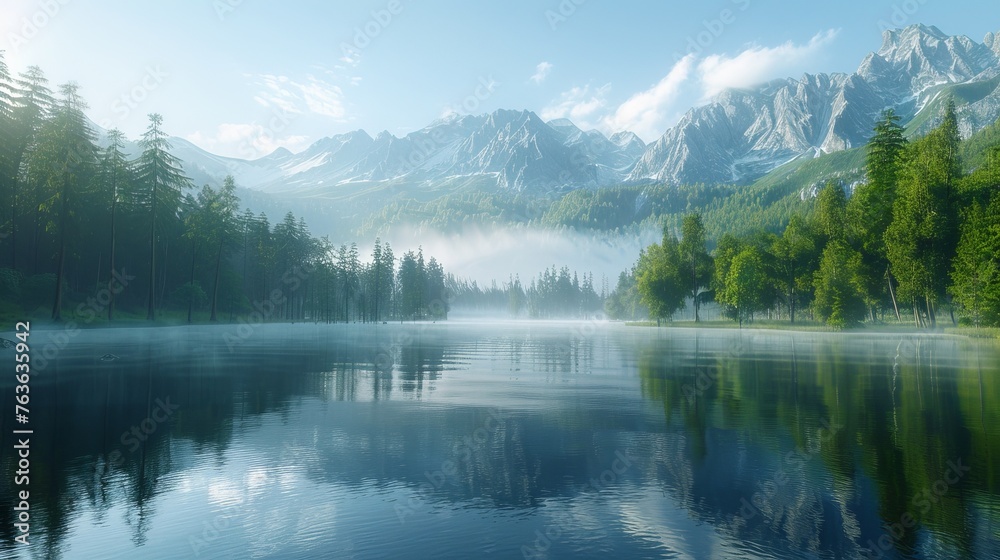 An ethereal morning scene where mist hovers over a still lake, perfectly reflecting the majestic mountains in the cool, crisp air. - obrazy, fototapety, plakaty 