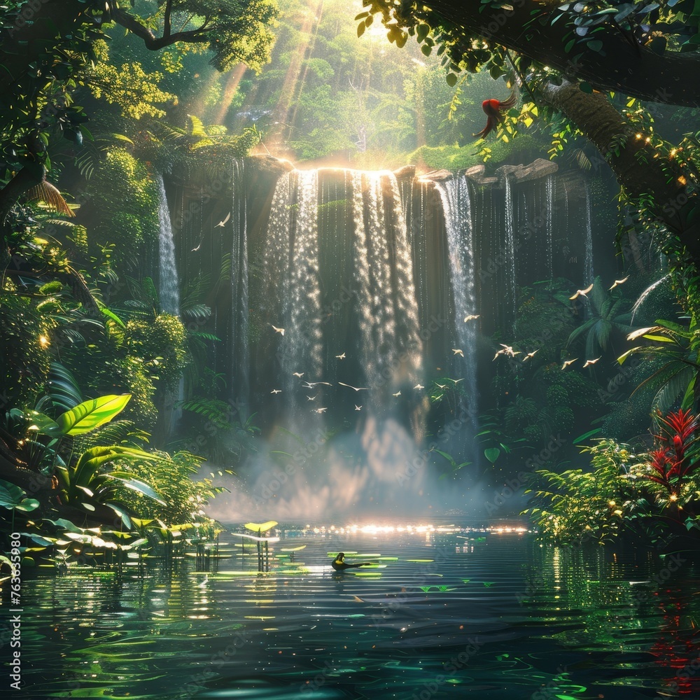 A secluded waterfall cascades into a serene pool, nestled within the lush, green embrace of a tropical jungle.