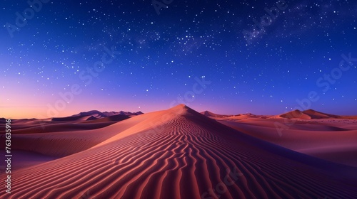 A breathtaking night sky brimming with stars blankets the serene desert dunes  creating a majestic landscape of tranquility and natural wonder.