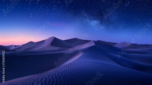 A breathtaking night sky brimming with stars blankets the serene desert dunes, creating a majestic landscape of tranquility and natural wonder.