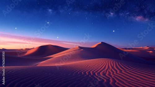 A breathtaking night sky brimming with stars blankets the serene desert dunes, creating a majestic landscape of tranquility and natural wonder.