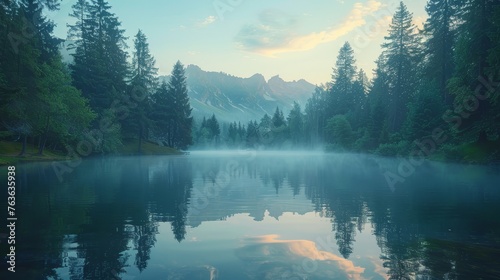 An ethereal morning scene where mist hovers over a still lake, perfectly reflecting the majestic mountains in the cool, crisp air.