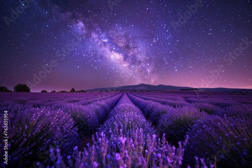 A magical night falls over lavender fields, with a starlit sky unfolding above, bridging the beauty of flora and the cosmos.