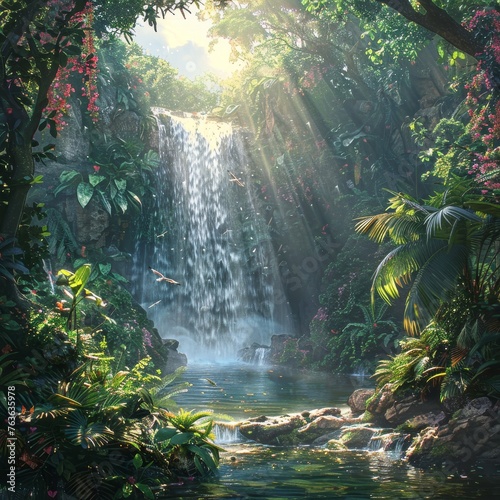 A secluded waterfall cascades into a serene pool  nestled within the lush  green embrace of a tropical jungle.