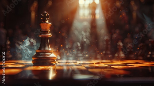 The decisive moment of a chess game captured as sunlight casts a victorious glow on the king piece, symbolizing triumph.