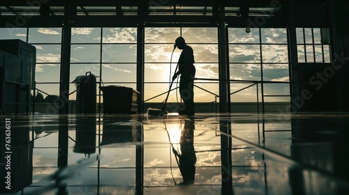 An artistic silhouette of a janitor performing cleaning duties, capturing the essence of the cleaning service profession photo