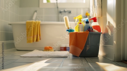 An assortment of cleaning supplies and tools housed in a bucket, positioned on a bathroom floor, ready for use