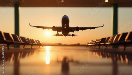 Silhouette of a plane taking off or landing in sunset sky from empty airport lobby, concept of taking off, start up, travel, go back home, with copy space photo