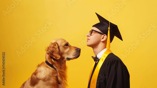 Jovem cego vestindo beca de formatura ao lado de seu cão guia no fundo amarelo photo
