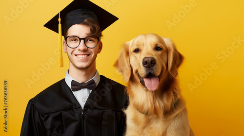 Jovem cego vestindo beca de formatura ao lado de seu cão guia no fundo amarelo photo