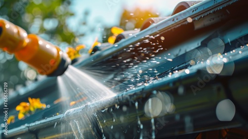 The process of cleaning spring rain gutters with a pressure washer, captured in a close-up photo to detail the task
