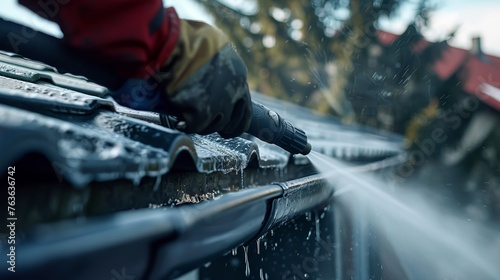 The process of cleaning spring rain gutters with a pressure washer, captured in a close-up photo to detail the task photo