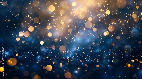 Abstract gold and navy blue background with shimmering particles, bokeh lights, festive atmosphere, elegant holiday backdrop