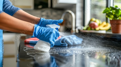 Thorough sanitization of a home kitchen using disinfectant spray, gloves, and a towel, as part of COVID-19 prevention strategies photo