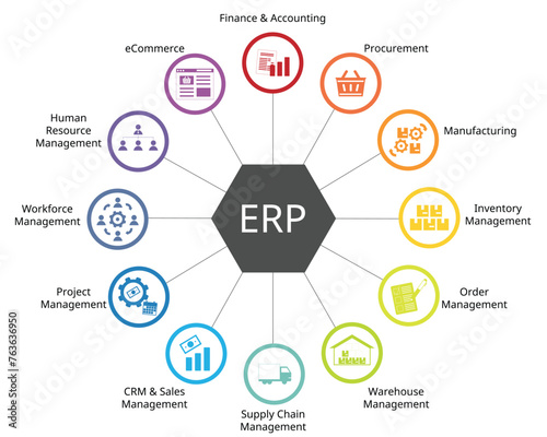 Enterprise resource planning or ERP Modules for Finance, procurement, manufacturing, inventory, project, warehouse, logistics, workforce, ecommerce, sales, CRM, HRM, order management