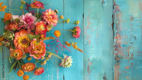 Artistic Handcrafted Floral Arrangement on Vibrant Turquoise Wooden Canvas