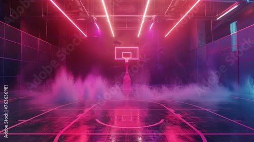 Atmospheric Basketball Court Illuminated by Neon Lights and Dramatic Smoke, 3D Rendering