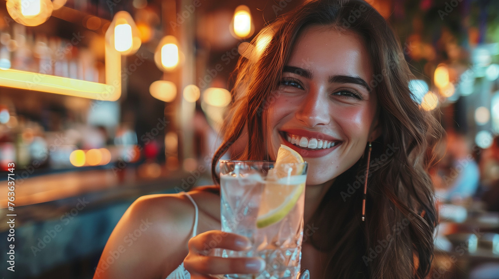 Smiling woman holding a drink at a bar. Smiling woman holding a drink at a bar.